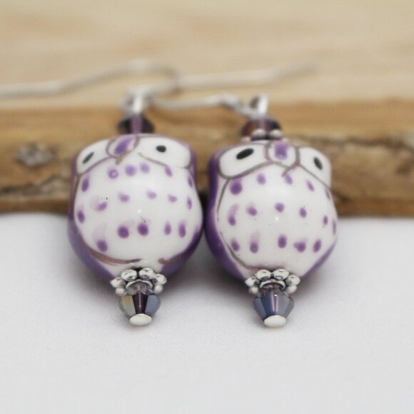 Purple Hand Painted Porcelain Owl Earrings - Handmade & Hypoallergenic - Picture 4 of 6